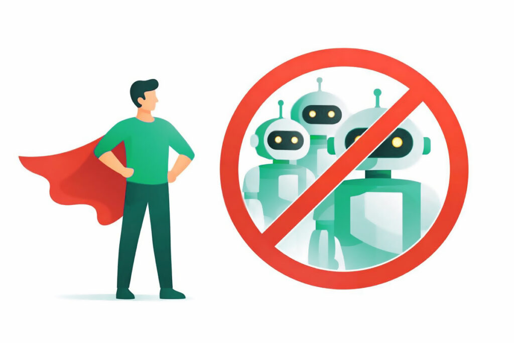 Illustration representing traffic filtering and fraud detection, showing bots being blocked to protect ad performance.