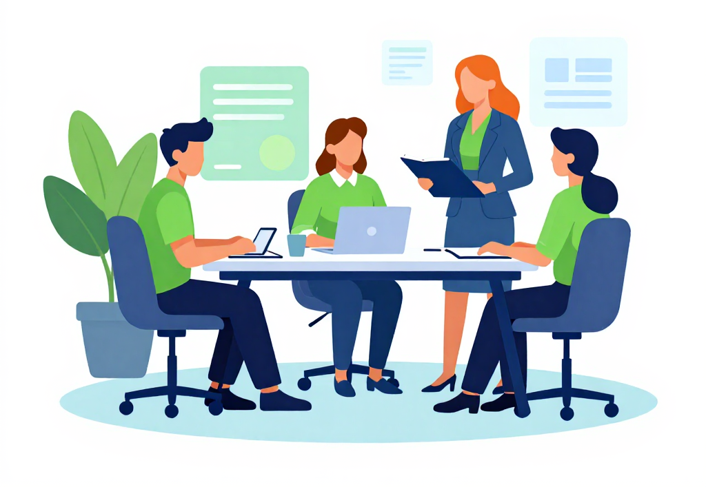 People working together in an office, collaborating on projects.