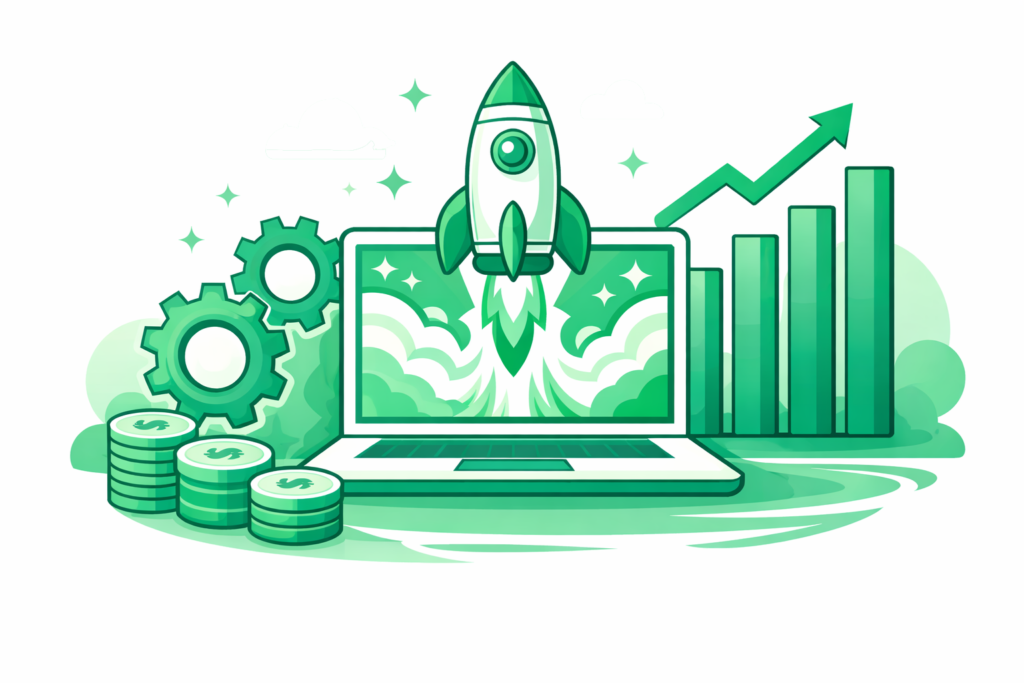 Laptop with rocket, gears, coins, and chart representing digital growth.